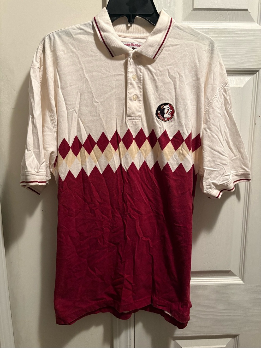 Florida State Seminoles stitched patch Vintage Men size Large White Polo Shirt
